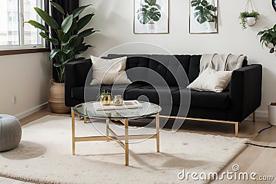 Stylish interior of living room with design furniture, gold pouf, plant, mock up poster frames, carpet, accessoreis and beautiful Stock Photo