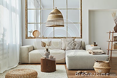 Stylish interior of living room with design modular sofa, furniture, wooden coffee table, rattan decoration, pendant lamp, pillow. Stock Photo