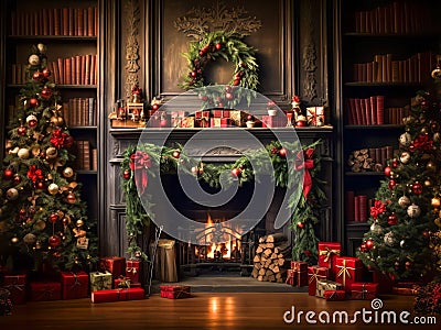 Stylish interior of living room with fireplace decorated Christmas tree. Christmas decoration. Stock Photo