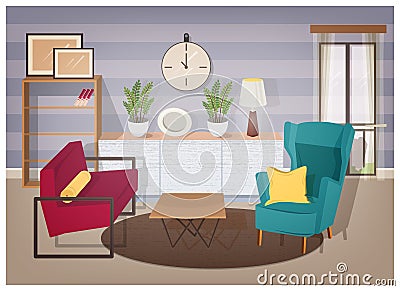 Stylish interior of living room full of modern furniture and home decorations - comfy armchairs, coffee table, shelving Vector Illustration