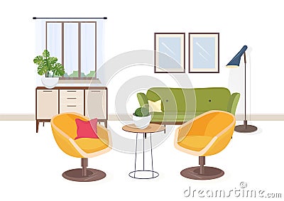 Stylish interior of living room or salon full of comfortable furniture and home decorations. Modern apartment furnished Vector Illustration