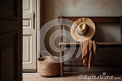 Stylish interior of modern hallway with bench and female shoes, bag and hat Stock Photo