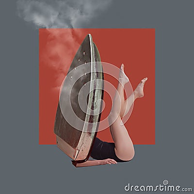 Stylish iron for ironing. Modern design, contemporary art collage. Inspiration, idea, trendy urban style. Surrealism Stock Photo