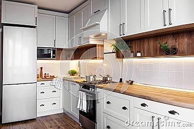 Stylish kitchen interior with modern cabinets and stainless steel appliances in new home. design in scandinavian style. cooking f Stock Photo