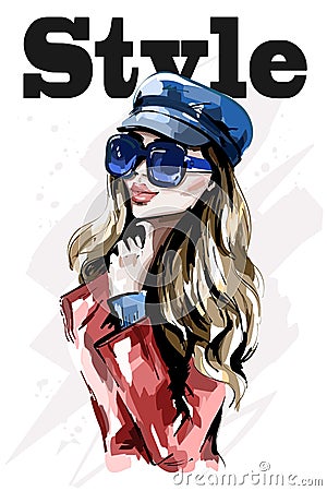 Stylish lady in cap. Hand drawn beautiful young woman in sunglasses. Fashion blond hair woman. Vector Illustration