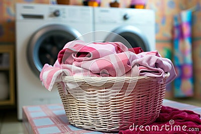 Stylish laundry space with a modern washer, dryer, and a wicker laundry basket Stock Photo