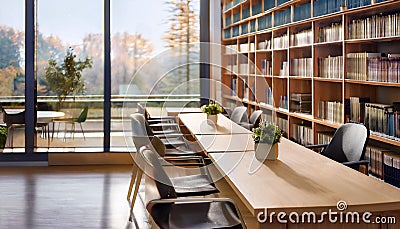 Stylish library interior with work tables in row and bookshelf, panoramic window Cartoon Illustration