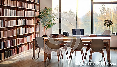 Stylish library interior with work tables in row and bookshelf, panoramic window Cartoon Illustration