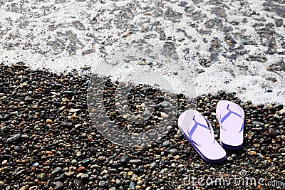 Stylish lilac flip lops on pebble beach near sea. Space for text Stock Photo