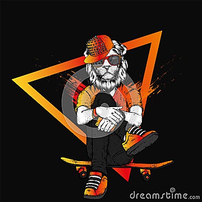 Stylish lion-skater in jeans and sneakers. Skateboard. Vector illustration for a postcard or a poster, print for clothes. Vector Illustration