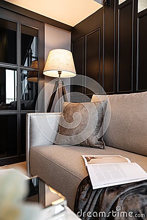 Stylish living corner with velvet tan color sofa setting with soft pillows with grey spray paint wall on the background, cozy Stock Photo