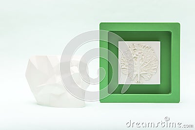 Stylish living room interior with botanical bas-relief cabbage leaf and low poly skull for wall art. 3D plaster decor. Modern and Stock Photo
