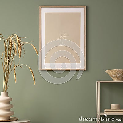 Stylish living room interior design with mock up poster frames, wooden ball , coffe table, beige carpet and creative home Stock Photo