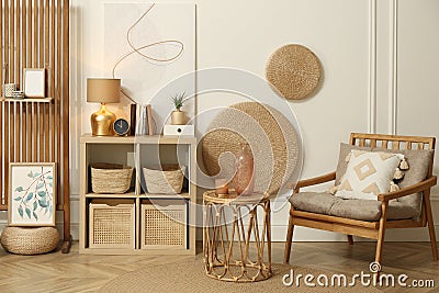 Stylish living room interior with ethnic boho decor Stock Photo
