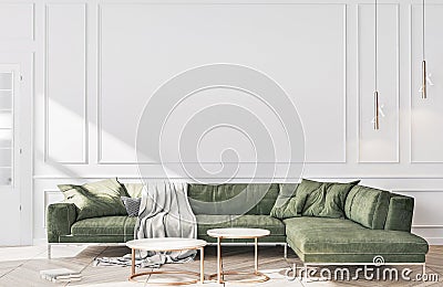 Stylish living room interior of modern white apartment and trendy green beautiful furniture, Home decor. Stock Photo
