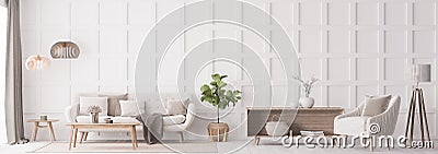 Stylish living room interior with wooden coffee table, plant tow empty frames and elegant accessories. Stock Photo