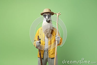 stylish llama hipster with a shovel on a green background, Generative AI Stock Photo