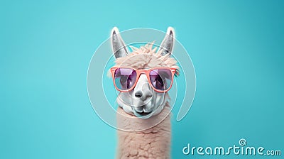 a stylish llama wearing pink sunglasses against a vibrant blue background Stock Photo
