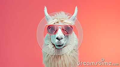 a stylish llama wearing red sunglasses on a vibrant pink background Stock Photo