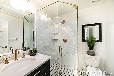 Stylish luxurious bathroom design with black and gold fixtures Stock Photo