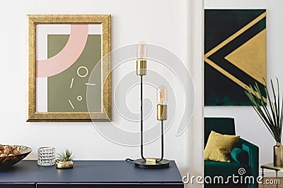 Modern home interior of living room with elegant accessories and mockup poster frame. Stock Photo