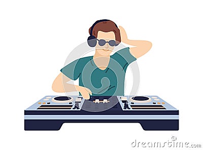 Stylish male DJ in headphones play electronic music on controller vector flat illustration. Fashionable musician in Vector Illustration