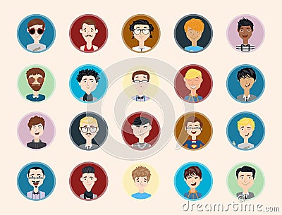 Stylish male people characters collection of various occupation, profession and other social individuals portrait. Vector Illustration