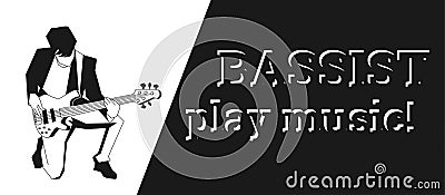 Stylish man with bass guitar vector. musician playing guitar banner.black and white logo for musical band. Poster with musician Cartoon Illustration