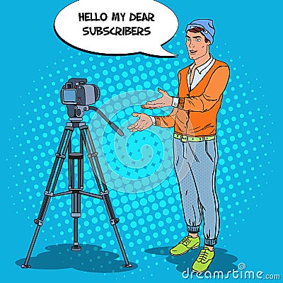 Stylish Man Blogger Recording Video Vlog. Pop Art illustration Vector Illustration