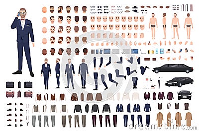 Stylish man dressed in elegant suit creation set or DIY kit. Collection of body parts, clothes, faces, postures Vector Illustration