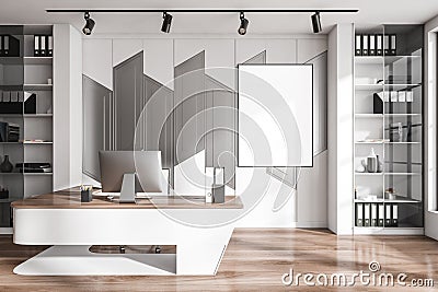 Stylish manager interior with desk, computer and shelf. Mockup frame Stock Photo