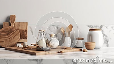 Stylish marble tabletop on wooden platform with copyspace for your logo at blurry kitchen utensils and dishes Stock Photo