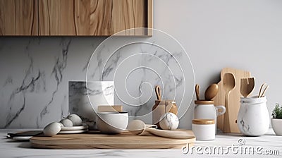 Stylish marble tabletop on wooden platform with copyspace for your logo at blurry kitchen utensils and dishes Stock Photo