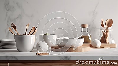 Stylish marble tabletop on wooden platform with copyspace for your logo at blurry kitchen utensils and dishes Stock Photo