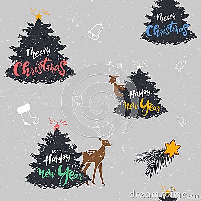 Stylish Merry Christmas seamless pattern with tree, lettering, deer, toys in vector. for wallpapers, pattern fills, web Vector Illustration