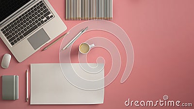 Stylish minimal office table desk. Workspace with laptop, notebook, pencils, coffee cup and sample color palette on pastel pink ba Editorial Stock Photo