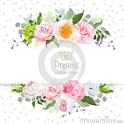 Stylish mix of flowers horizontal vector design frame. Vector Illustration