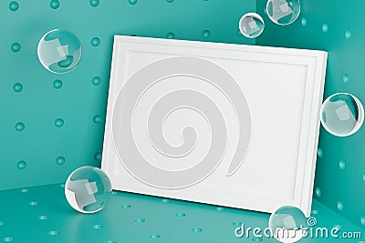 Stylish Mock Up Poster Frame Template on Corner Room. Glass Bubbles Fresh and Minimal 3D Rendering. Turquoise Background Stock Photo