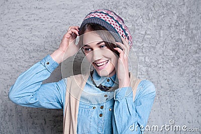 Stylish model in a knitted hat Stock Photo