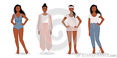 Stylish modern afro woman in flat style. Vector female characters in different clothes. Comfortable home clothes Vector Illustration