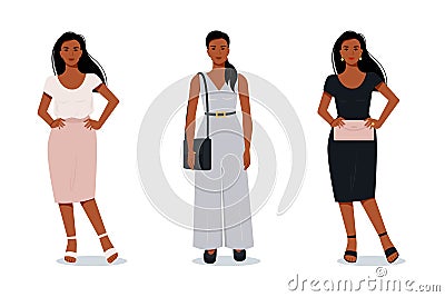Stylish modern afro woman in flat style. Vector female characters in different clothes. Evening outfit. Office suit Vector Illustration