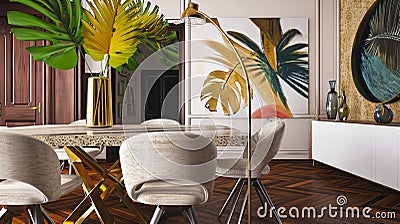 Stylish and modern dining room interior with design sharing table, gold pedant lamp. AI Generative Stock Photo