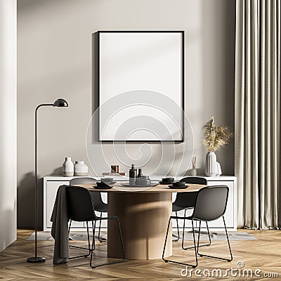 Stylish modern interior of dining room with design wooden round table, chairs, mockup framed poster to display art and elegant Stock Photo