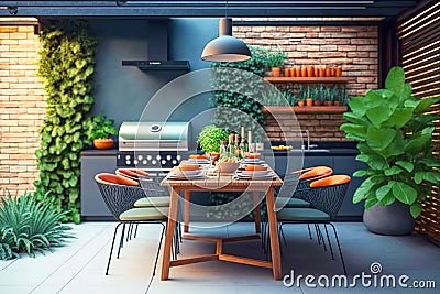 A stylish and modern outdoor space with a barbecue grill and a dining table. Generative Ai Stock Photo