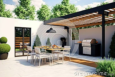 A stylish and modern outdoor space with a barbecue grill and a dining table. Generative Ai Stock Photo