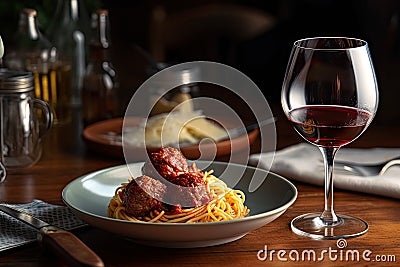 stylish and modern take on classic spaghetti and meatballs with checkered plate, hipster glasses, and wine Stock Photo