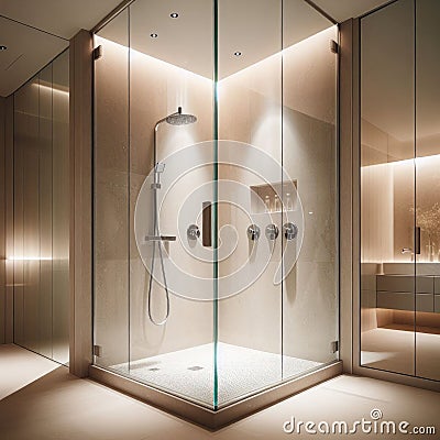 Stylish modern walk in shower unit in pristine bathroom Stock Photo