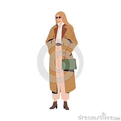 Stylish modern woman in autumn fashion outfit. Model wearing coat and bag. People dressed in trendy elegant clothes in Vector Illustration