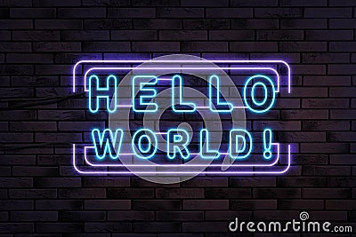 Stylish neon sign with phrase Hello World on brick wall Stock Photo