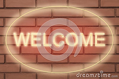 Stylish neon sign WELCOME on brick wall Stock Photo